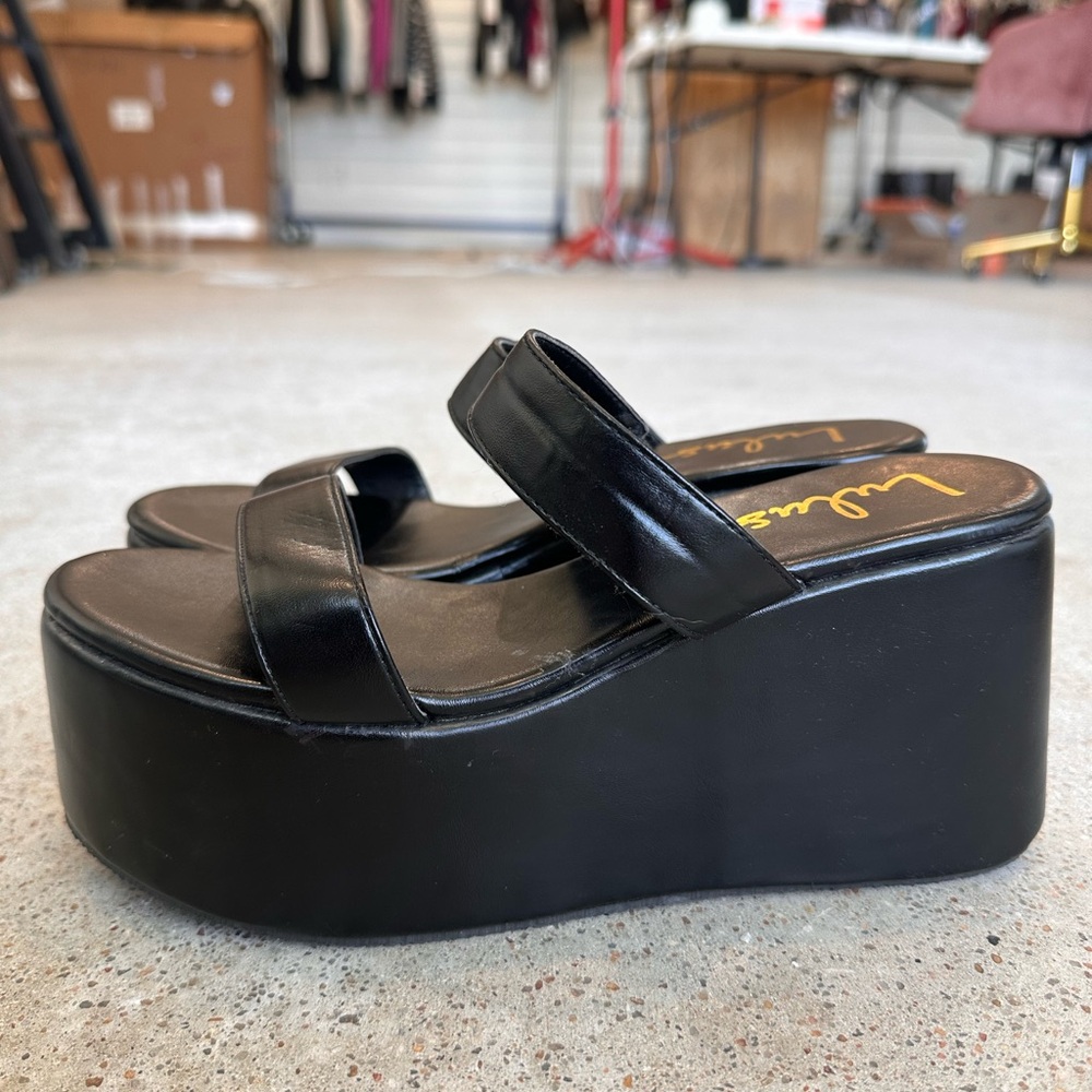 Lulu's Glossy Black Platform Wedges